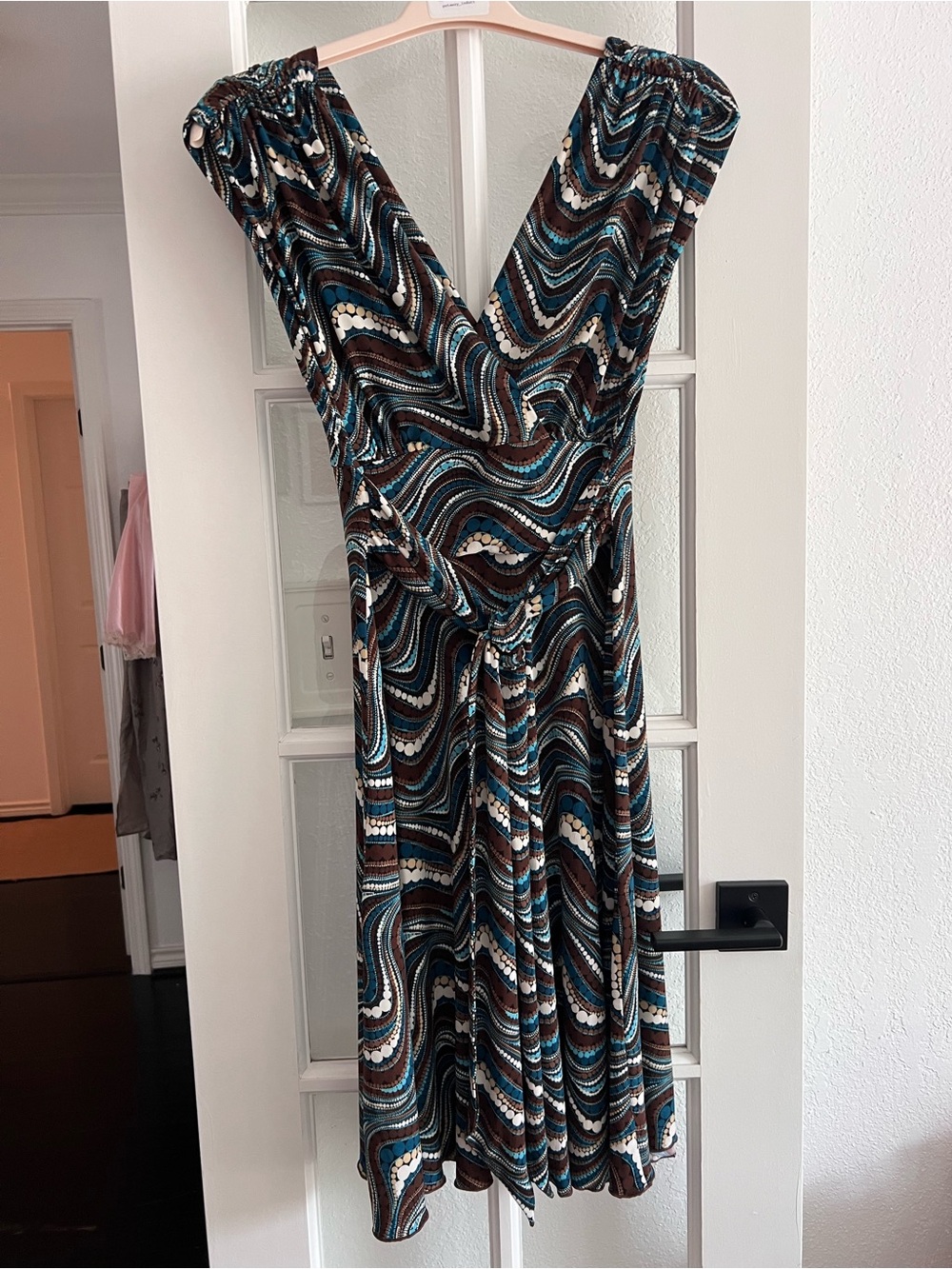 Women's V-Neck Patterned Dress in Teal & Brown